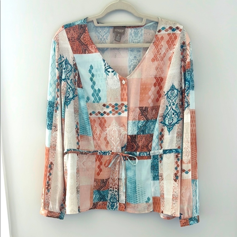 Chico’s Orange and Blue Patchwork Long Sleeve Tie Front Blouse size XL